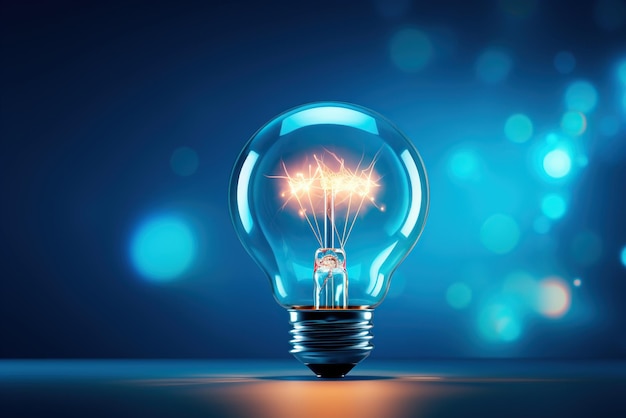 Ampoule électrique à incandescence sur fond bleu Le concept d'économie d'électricité Brainstorming concept génération d'IA