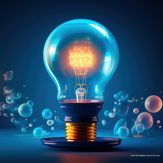 Ampoule électrique à incandescence sur fond bleu Le concept d'économie d'électricité Brainstorming concept génération d'IA