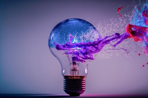 Photo l'ampoule électrique se brise et explose le concept de lumières bleues et violettes d'un accident d'idée