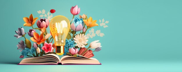 Ampoule avec des fleurs sur un livre ouvert Devenir intelligent et intelligent à partir d'un livre de lecture créé avec Ai