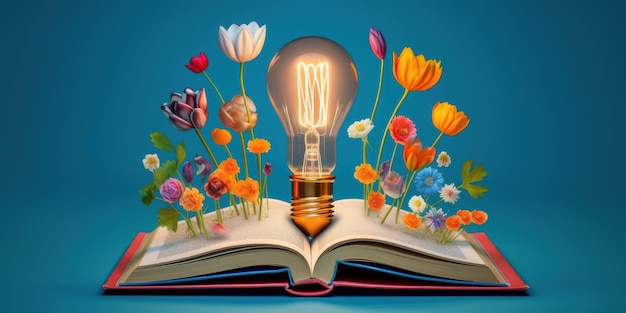 Ampoule avec des fleurs sur un livre ouvert Devenir intelligent et intelligent à partir d'un livre de lecture créé avec Ai