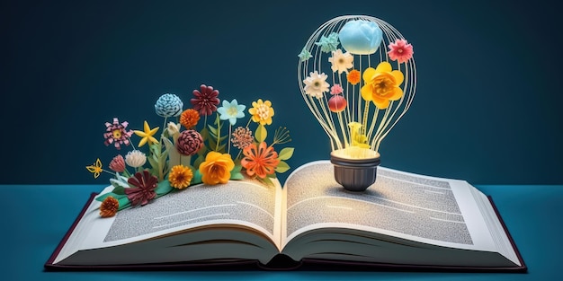 Ampoule avec des fleurs sur un livre ouvert Devenir intelligent et intelligent à partir d'un livre de lecture créé avec Ai