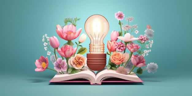 Ampoule avec des fleurs sur un livre ouvert Devenir intelligent et intelligent à partir d'un livre de lecture créé avec Ai