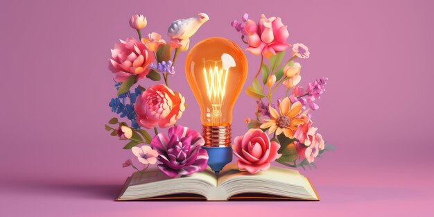 Ampoule avec des fleurs sur un livre ouvert Devenir intelligent et intelligent à partir d'un livre de lecture créé avec Ai