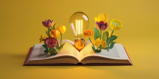 Ampoule avec des fleurs sur un livre ouvert Devenir intelligent et intelligent à partir d'un livre de lecture créé avec Ai