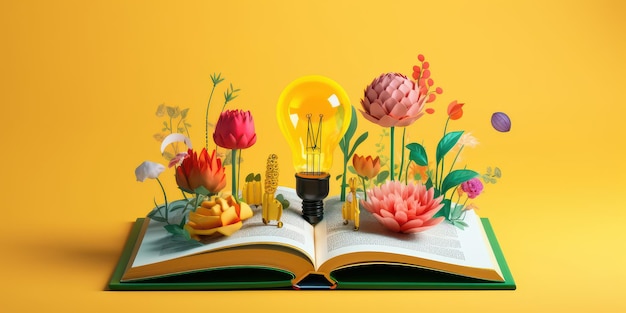 Ampoule avec des fleurs sur un livre ouvert Devenir intelligent et intelligent à partir d'un livre de lecture créé avec Ai