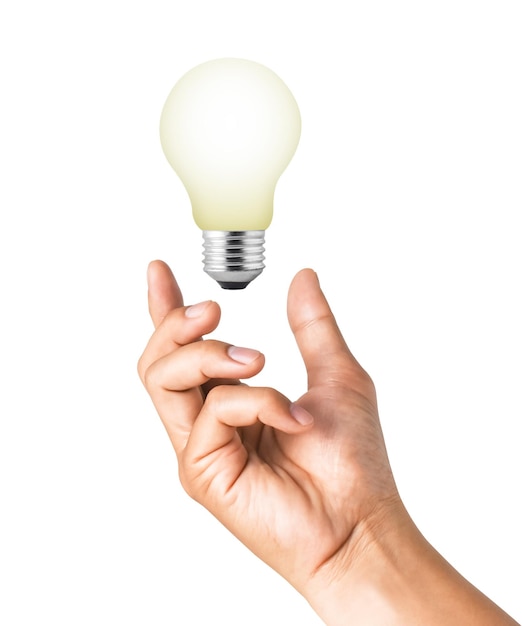 Ampoule flottant sur la main idées concept isolé sur fond blanc