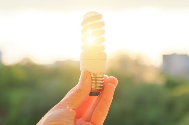 Photo ampoule fluorescente à économie d'énergie, main tenant la lampe, fond de ciel coucher de soleil du soir.
