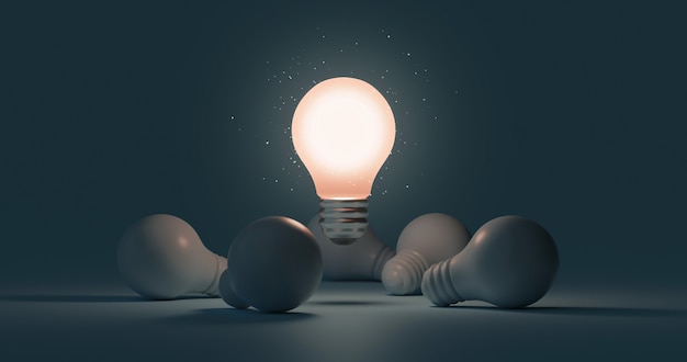 Ampoule d'idée brillante et concept créatif de pensée d'innovation sur fond sombre d'inspiration de succès avec symbole de solution de conception de lampe électrique. rendu 3D.