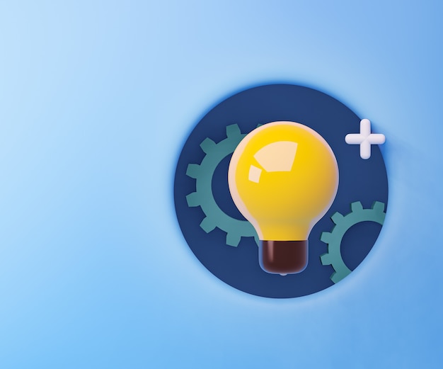 Photo ampoule jaune 3d avec engrenage sur cadre cercle bleu. rendu d'illustrations 3d.