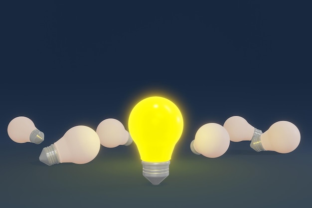 Ampoule jaune exceptionnelle autre groupe d'ampoules Concept d'idée créative d'entreprise et d'innovation Illustration de rendu 3D
