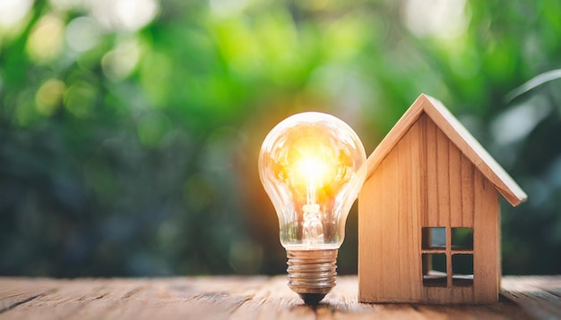 Photo une ampoule lumineuse à côté d'un modèle de maison en bois représentant une vie respectueuse de l'environnement