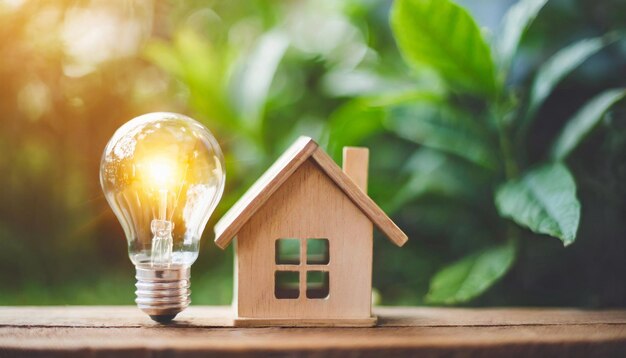 Une ampoule lumineuse à côté d'un modèle de maison en bois représentant une vie respectueuse de l'environnement