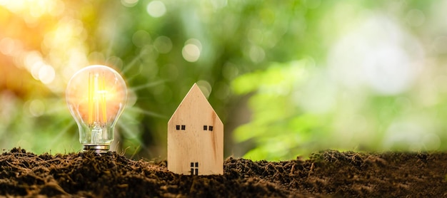 Ampoule lumineuse et maison en bois simulée sur le monticule Concept pour la finance de l'économie immobilière Nature de jour air clair Lumière de l'éclat du matin Copier l'espace Arrière-plan vert bokeh flou