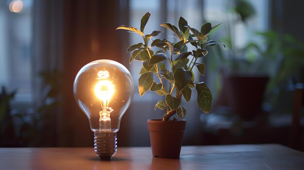 Photo une ampoule lumineuse et une plante en pot sur une table en bois l'ampoule est allumée et projette une lueur chaude sur la plante