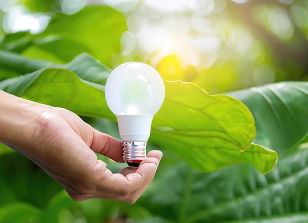 Une ampoule à la main contre la nature sur une feuille verte