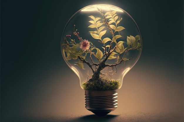 Ampoule avec petites plantes à l'intérieur, arrière-plan, concept de durabilité. Illustration numérique IA