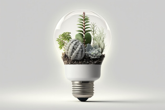 Ampoule avec petites plantes à l'intérieur d'un fond blanc Generative AI