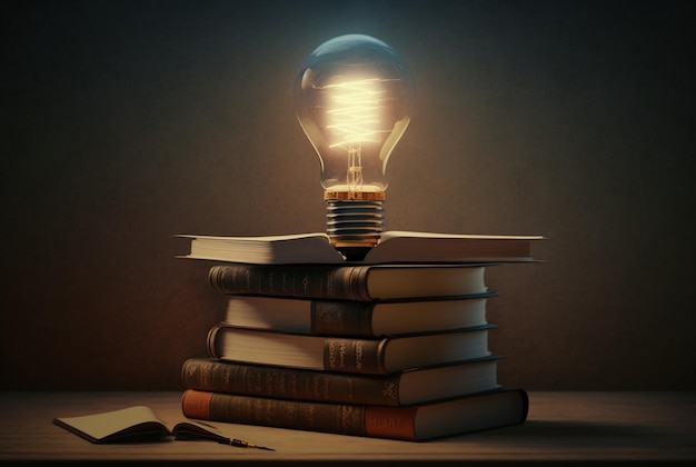 Ampoule avec pile de livres conceptuels pour l'inspiration innovation créativité grâce à la lecture générative Ai