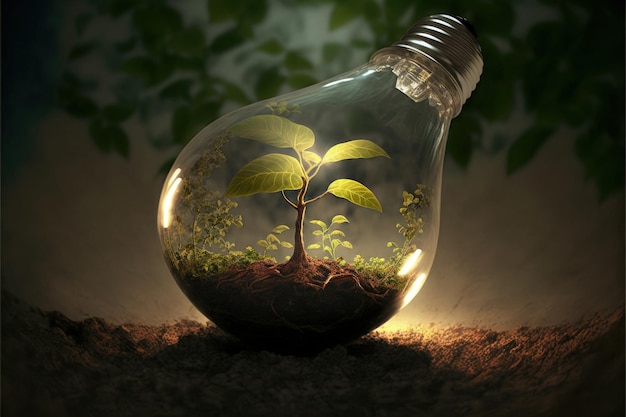 Ampoule avec plante et terre à l'intérieur concept d'énergie verte IA générative