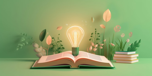 Ampoule avec plantes sur livre ouvert Devenir intelligent et intelligent grâce à la lecture d'un livre créé avec Ai