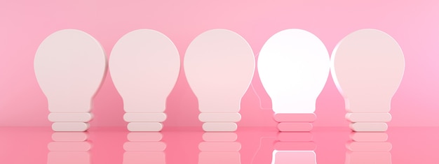 Une ampoule rougeoyante se démarquant des ampoules à incandescence éteintes sur fond rose, individualité et concept d'idée créative différente, rendu 3D, image panoramique