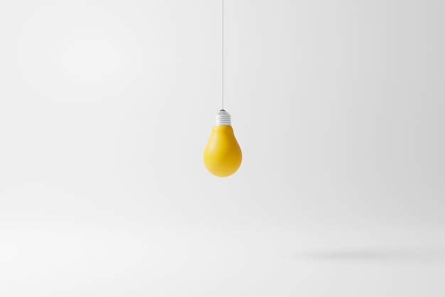 Ampoule suspendue jaune debout sur fond blanc Concept d'idée créative et d'innovation illustration de rendu 3d