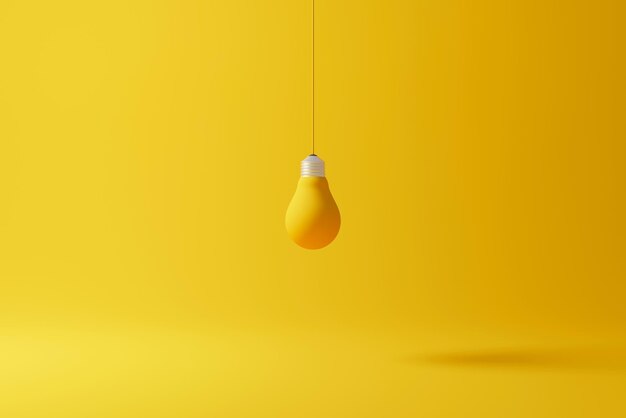 Ampoule suspendue jaune debout sur fond jaune. Concept d'idée créative et d'innovation. illustration de rendu 3d