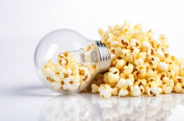 Une ampoule transparente est posée sur le côté avec des grains de pop-corn qui se répandent sur un fond blanc propre réfléchissant sur une surface brillante