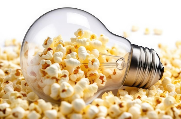 Une ampoule transparente sur son côté remplie de noyaux de pop-corn sur un fond blanc entouré de plus de pop-Corn