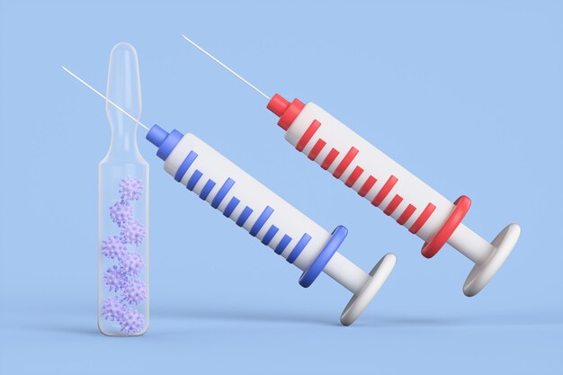 Ampoule en verre de vaccin avec des coronavirus à l'intérieur près de seringues de dessin animé sur fond bleu. Concept de vaccination contre le coronavirus. illustration de rendu 3D.