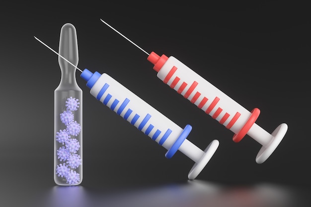 Ampoule en verre de vaccin avec des coronavirus à l'intérieur près de seringues de dessin animé sur fond noir. Concept de vaccination contre le coronavirus. illustration de rendu 3D.