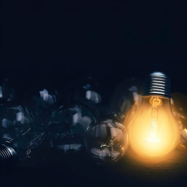 L'une des ampoules brille parmi les ampoules d'arrêt dans une zone sombre avec un espace de copie pour une solution de résolution de problèmes de pensée créative et un concept exceptionnel