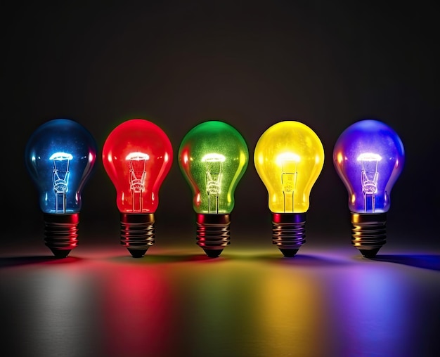 Ampoules colorées sur fond sombre Concept d'idées lumineuses AI générative