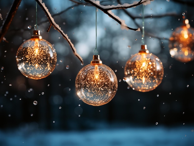 Des ampoules de Noël vintage accrochées à une branche d'arbre dans une forêt d'hiver