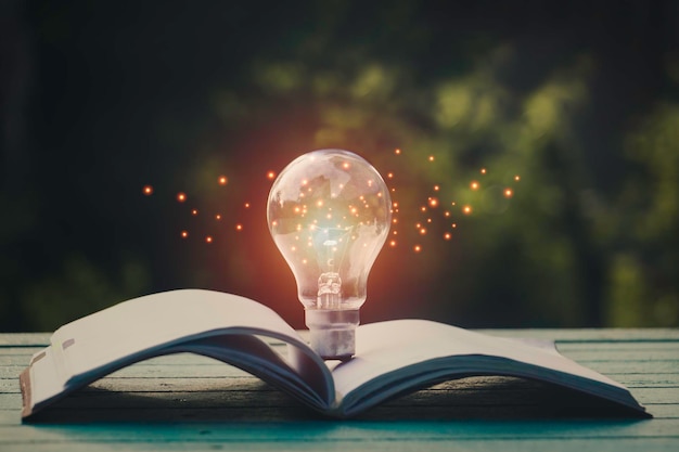 Ampoules et ouverture de livre sur une table en bois.Idées de pensée créative pour le travail sur le bureau.recherche de nouvelles idées, Connaissance, succès, sagesse. Concept photo de la connaissance et de l'éducation.