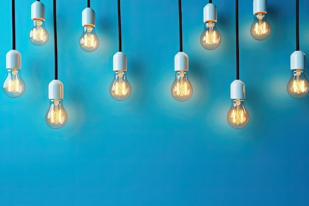Ampoules suspendues sur fond bleu avec espace de copie concept d'idée gagnante