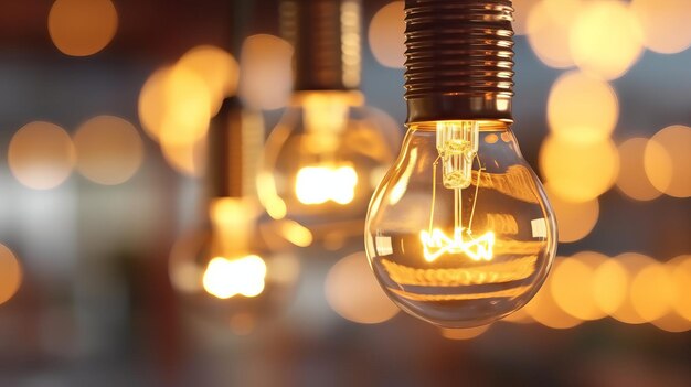 Photo ampoules suspendues avec fond bokeh ai générative