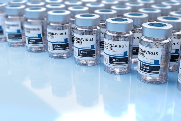 Ampoules avec vaccin Covid-19 sur une paillasse de laboratoire