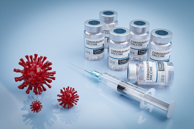 Ampoules avec vaccin Covid-19 sur une paillasse de laboratoire