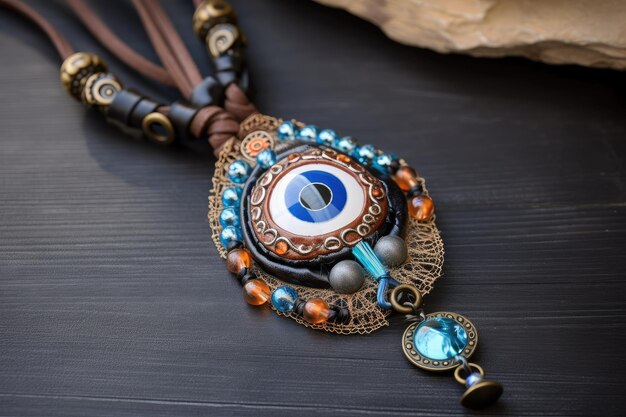 Amulette mauvais œil avec cristaux et breloques suspendus à un cordon en cuir