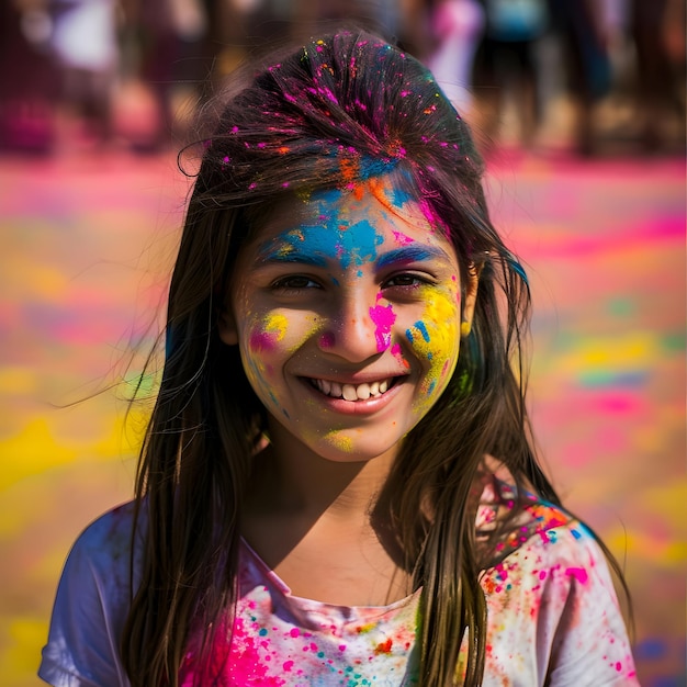 Amusant avec des couleurs vibrantes éclaboussures de couleurs et une jeune femme célébrant le festival de Holi