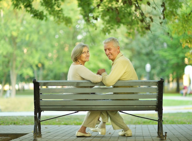 Amusant couple de personnes âgées assis sur un banc dans le parc