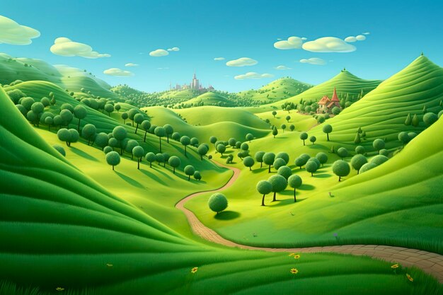 Amusant et heureux Pixar Rolling Green Hills Un voyage visuel générateur d'IA