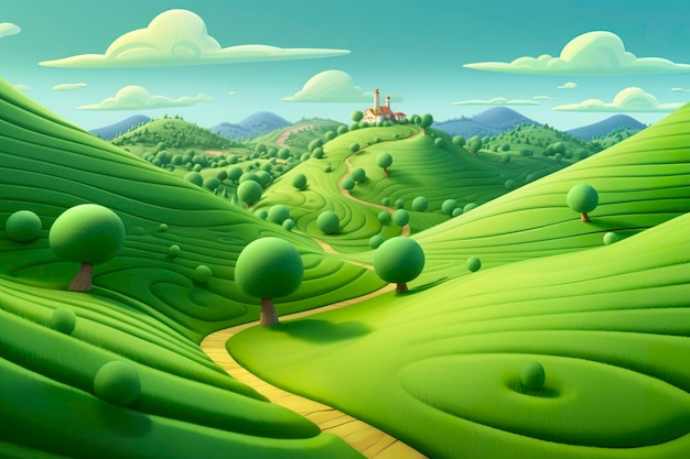 Amusant et heureux Pixar Rolling Green Hills Un voyage visuel générateur d'IA