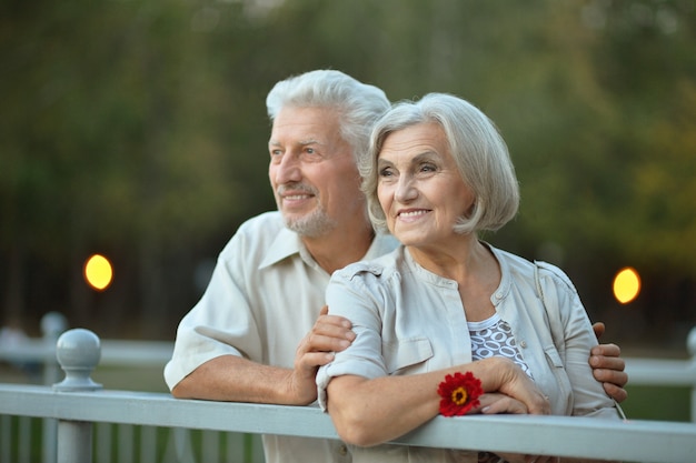 Amusant heureux vieux couple souriant avec fleur