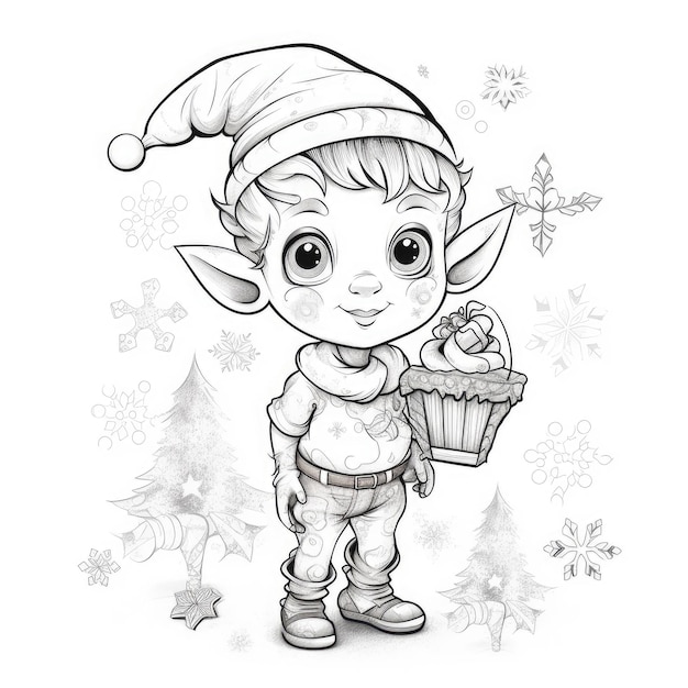 Amusement festif avec un adorable lutin de Noël Un délicieux voyage de coloriage pour adultes en niveaux de gris clairs