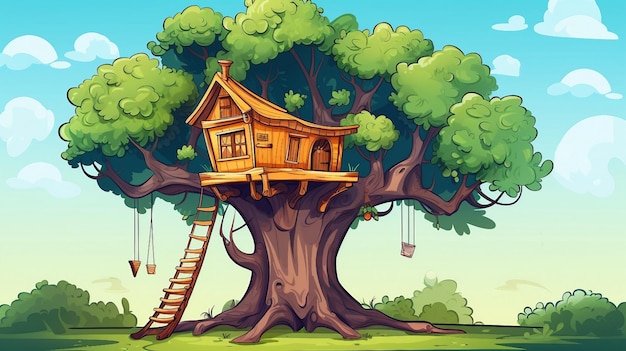 Photo an illustration of tree house on a tree in the forest ai generated