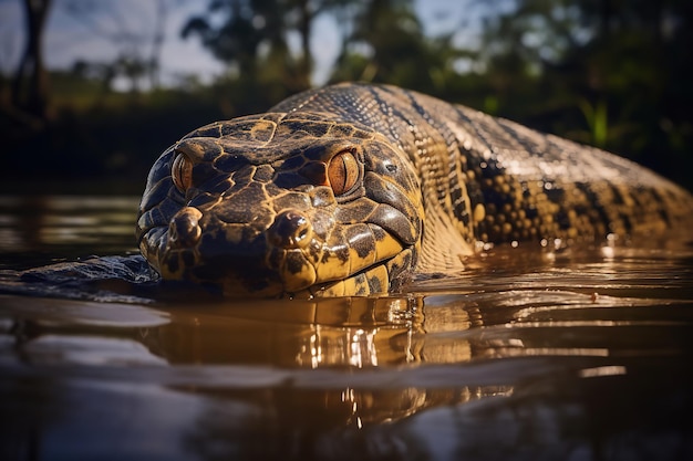 Anaconda géant rampant à travers l'Amazonie