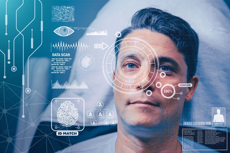 Photo analyse biométrique de la rétine de l'iris par reconnaissance faciale pour l'identité personnelle, vérification de la technologie moderne du système de sécurité de l'innovation